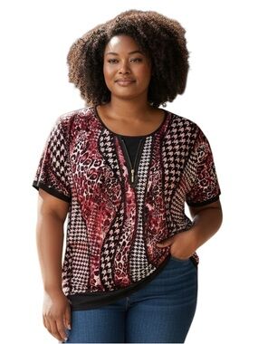 Mako Short Sleeve Mixed-Print Tee in Burgundy and Black Size 2X